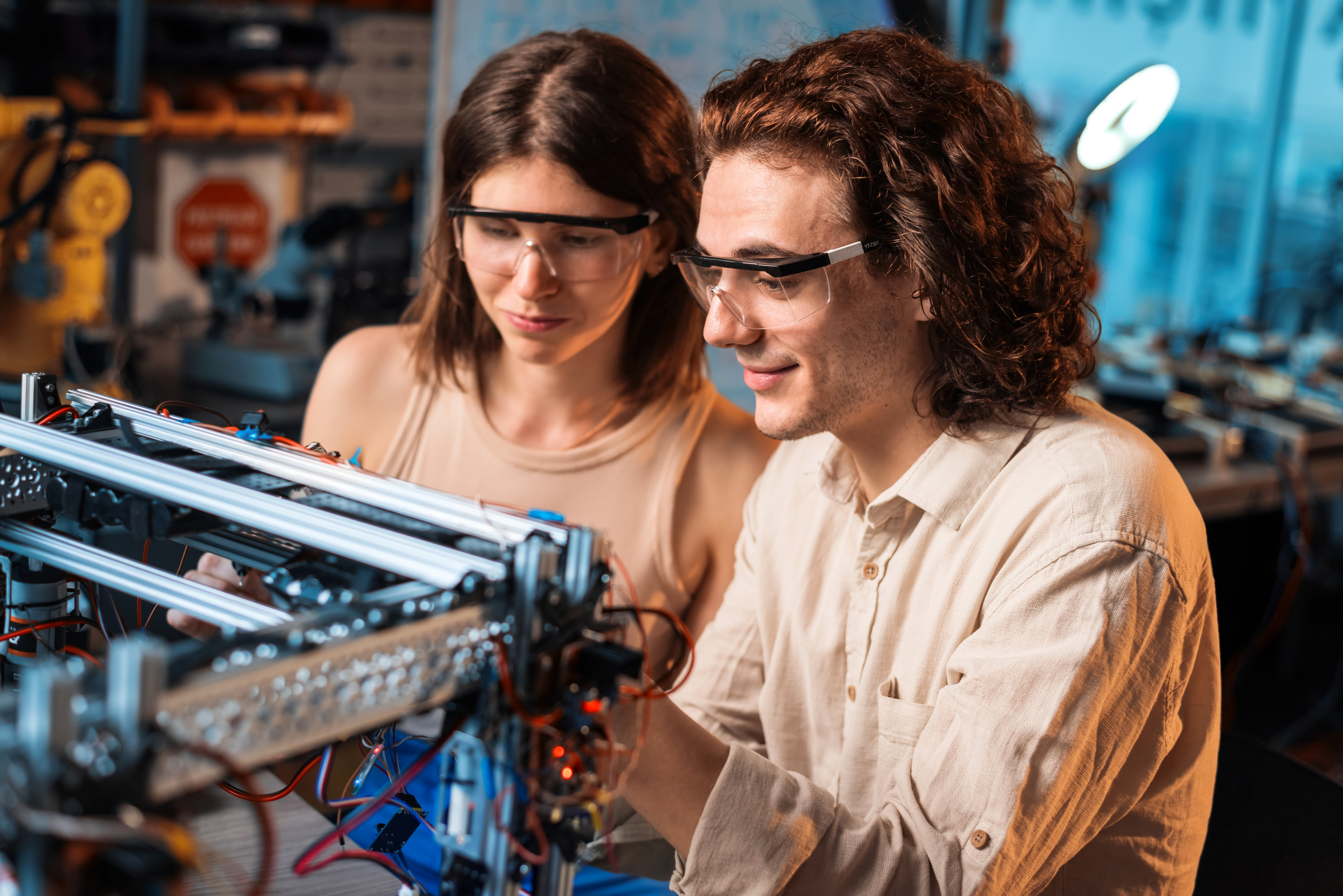 jovem-e-mulher-em-oculos-de-protecao-fazendo-experimentos-em-robotica-em-um-laboratorio-robo-de-madeira